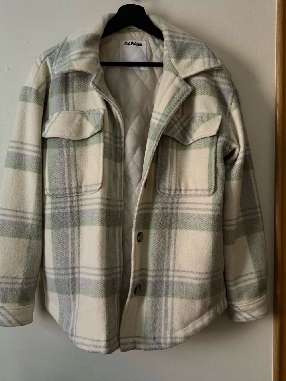 Garage Plaid Shacket in Cream, Sage Green, and Light Grey
